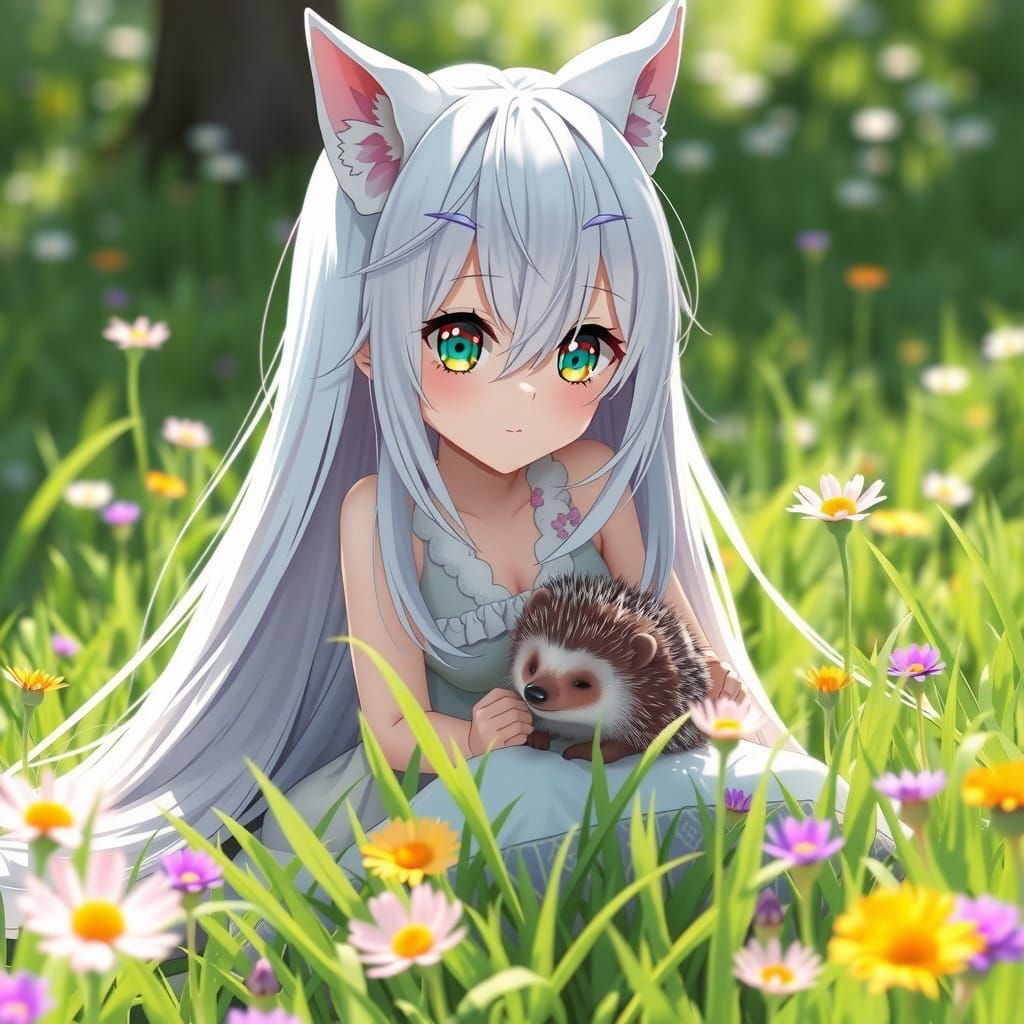 Surreal Anime Goddess Plays with a Hedgehog in a Vibrant Mea...