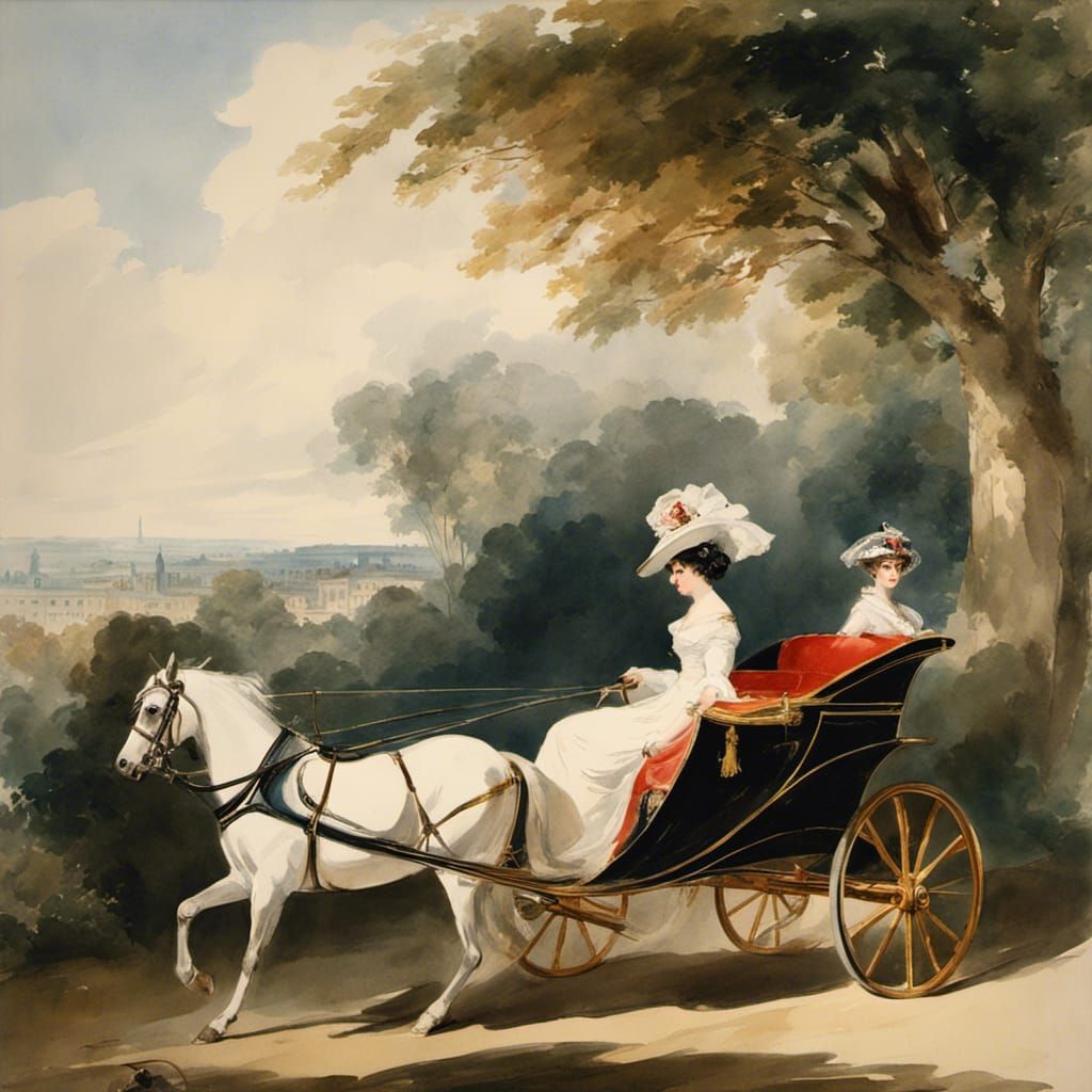 Regency Lady Driving Horse Carriage: Watercolor Painting