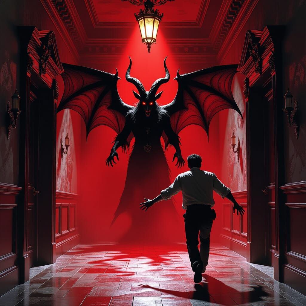 Gothic Horror: Baphomet Chases Man in Crimson Mansion