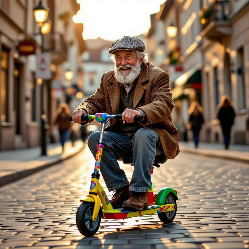 Elderly Man Joyfully Rides Scooter Downhill