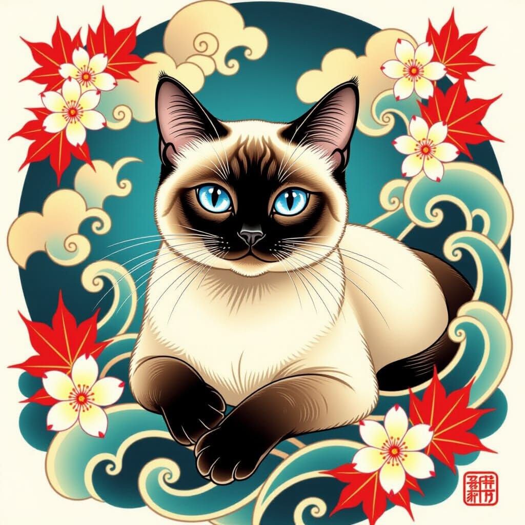 Siamese Cat Portrait in Neo-Traditional Tattoo Style