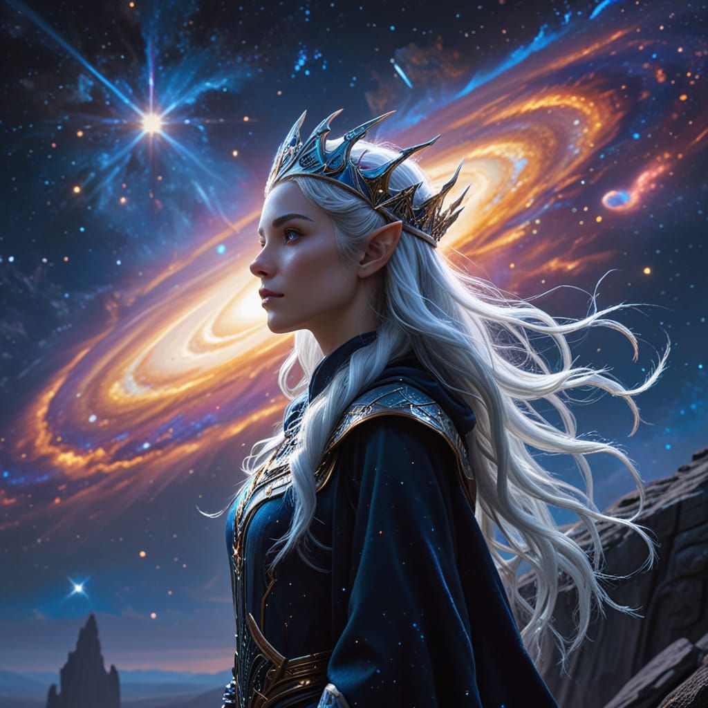 Celestial Elven Astronomer Overlooking Galaxy in Hyperrealis...