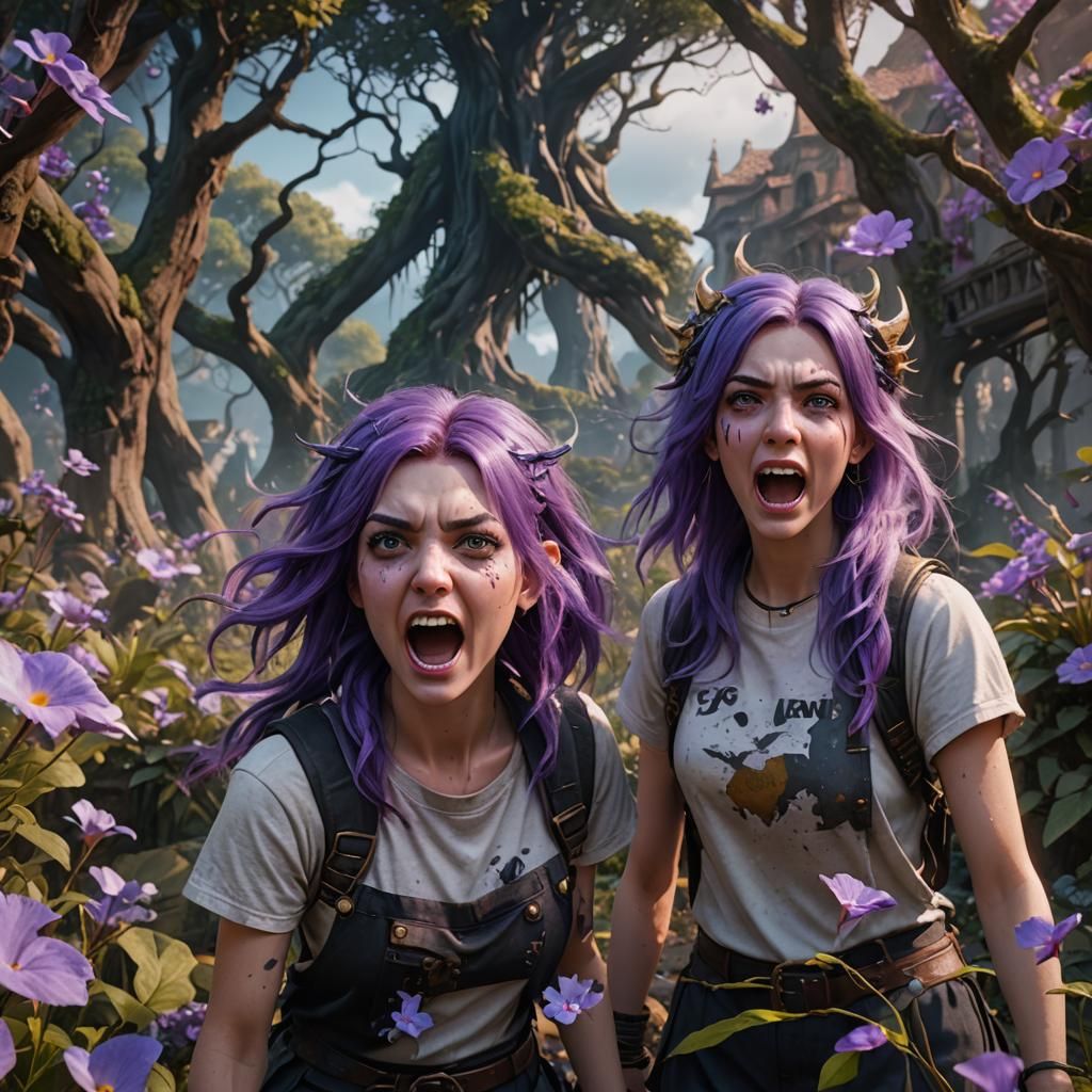 Two Purple-Haired Girls Shouting, Detailed Matte Painting