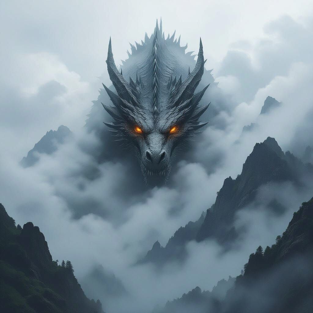 Majestic Dragon Concealed Behind Mountain in Hyper-Realistic...