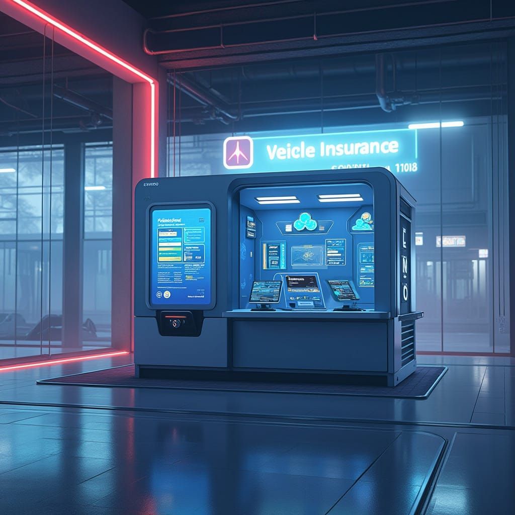 Futuristic Vehicle Insurance Kiosk in Neon Cityscape