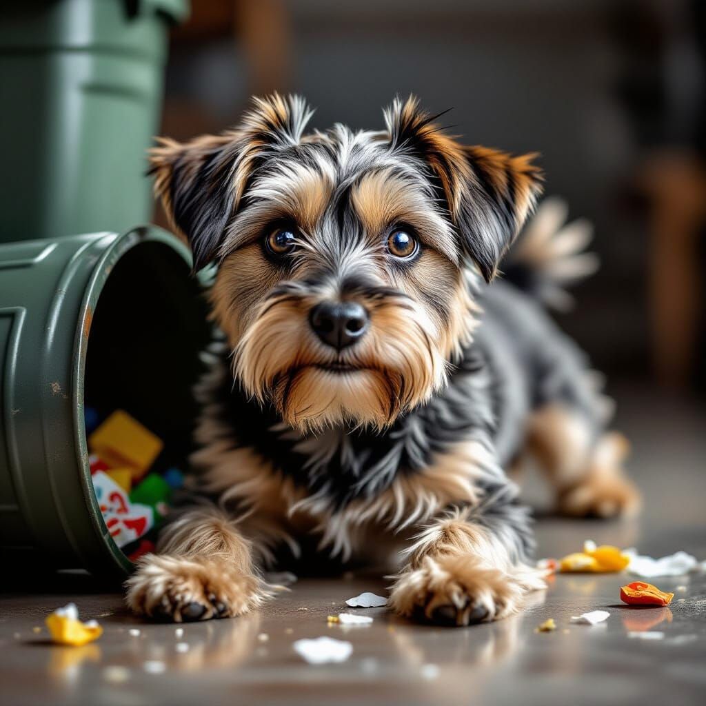 Cute Scruffy Terrier Caught Red-Pawed with Overturned Garbag...