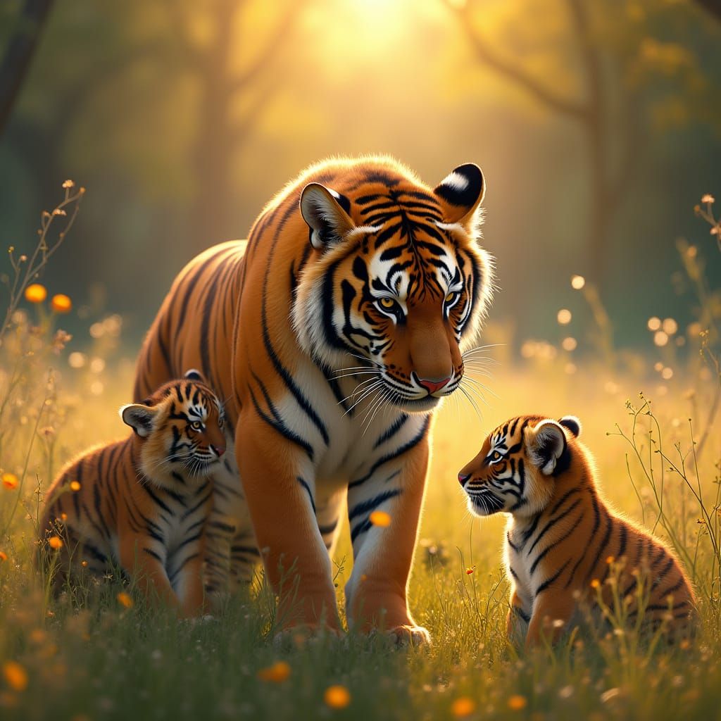 Tiger Mother and Cubs in Sunlit Meadow
