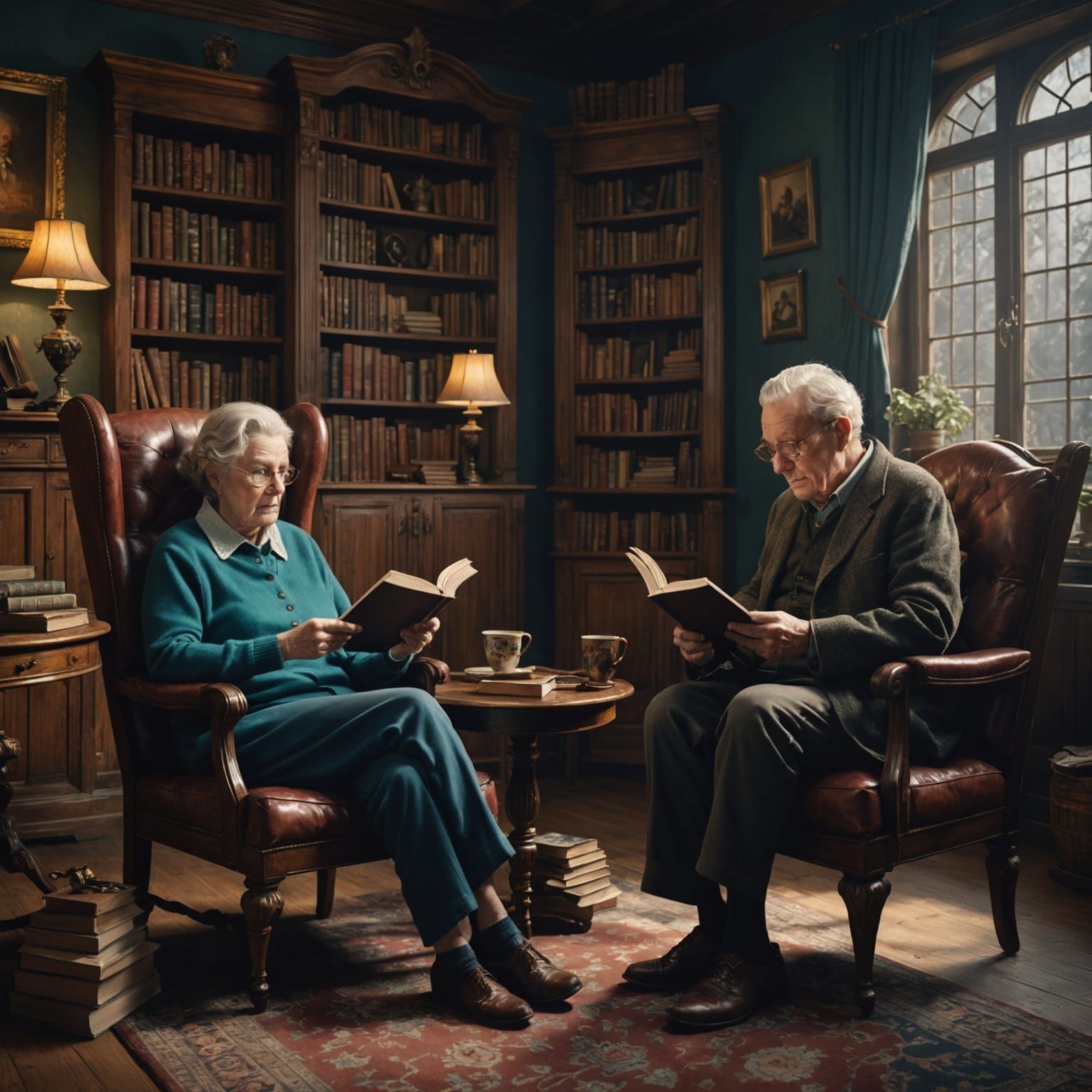 Elderly Couple Reading Amidst Books in Fantasy Art Style