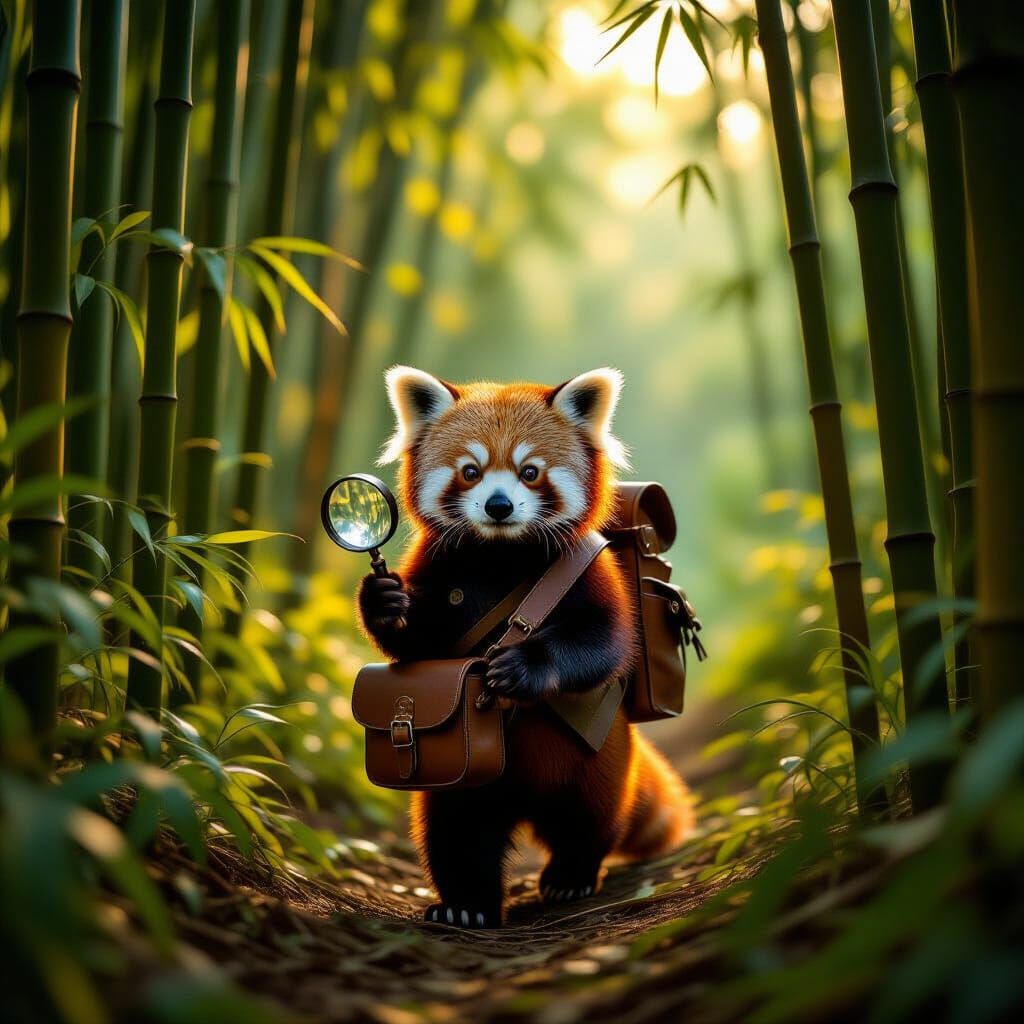 Red Panda Explorer in Lush Bamboo Jungle at Golden Hour