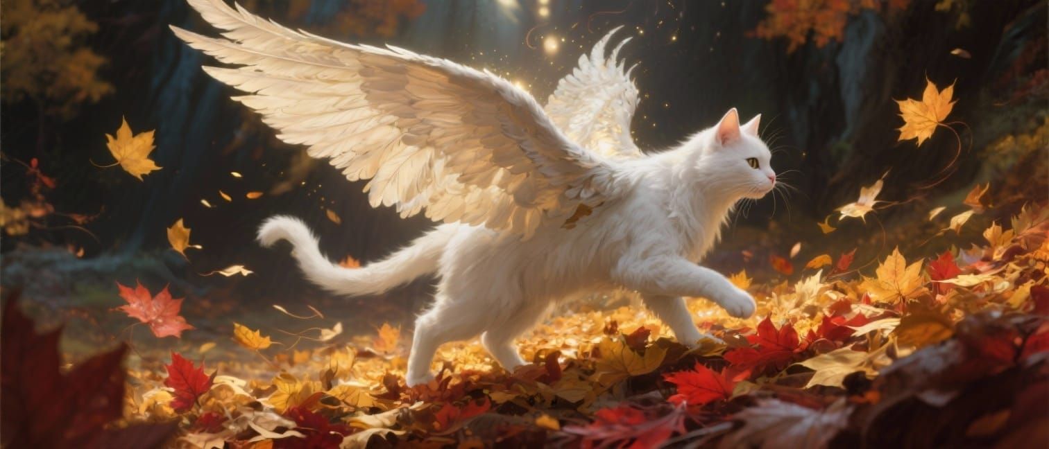 Majestic Winged Cat Amidst Autumn Leaves