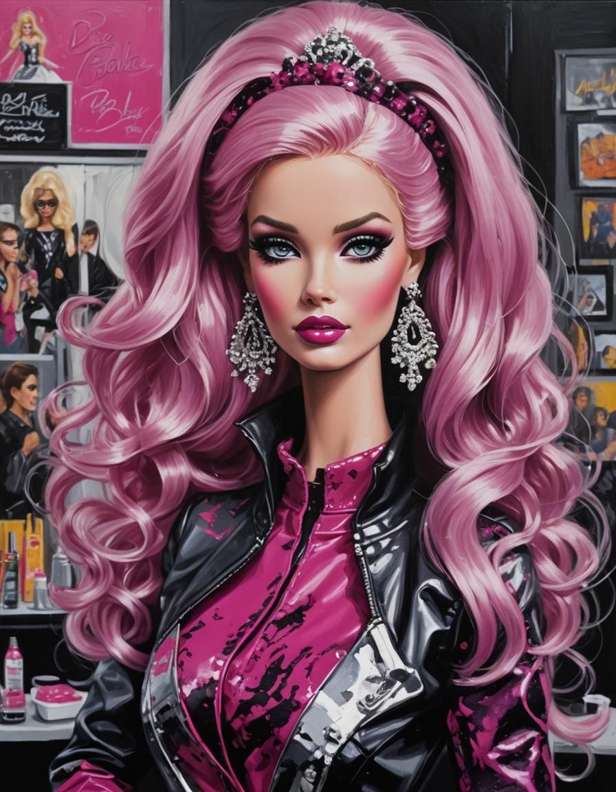 Rock-Star Barbie with Pink Makeup in Oil Painting