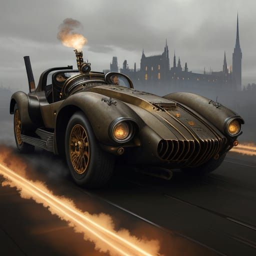 Steam-Powered Armored Super Car in Steampunk Cityscape
