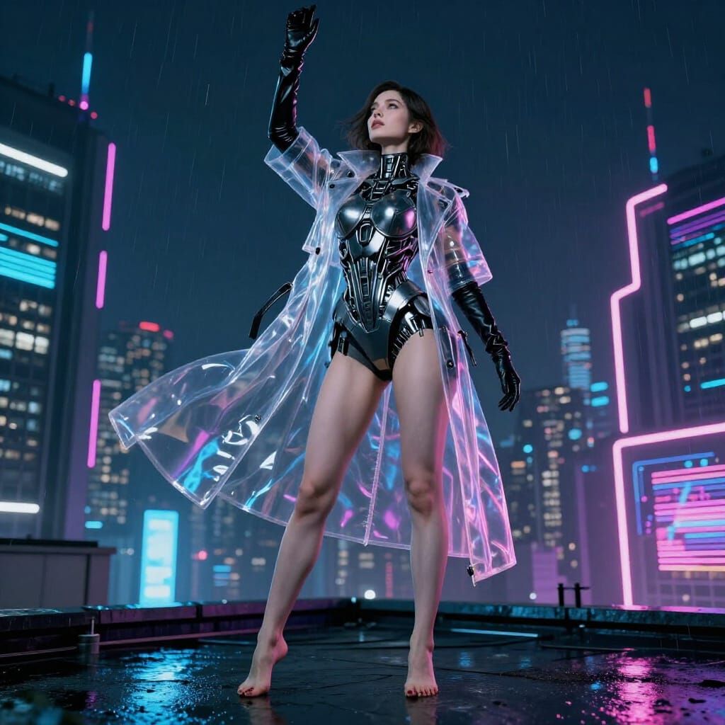 Cyberpunk Woman on Rooftop at Night