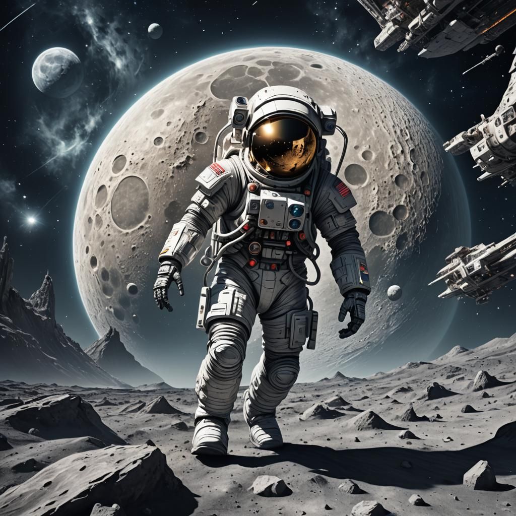 Cybernetic Astronaut on Alien Moon with Spaceship