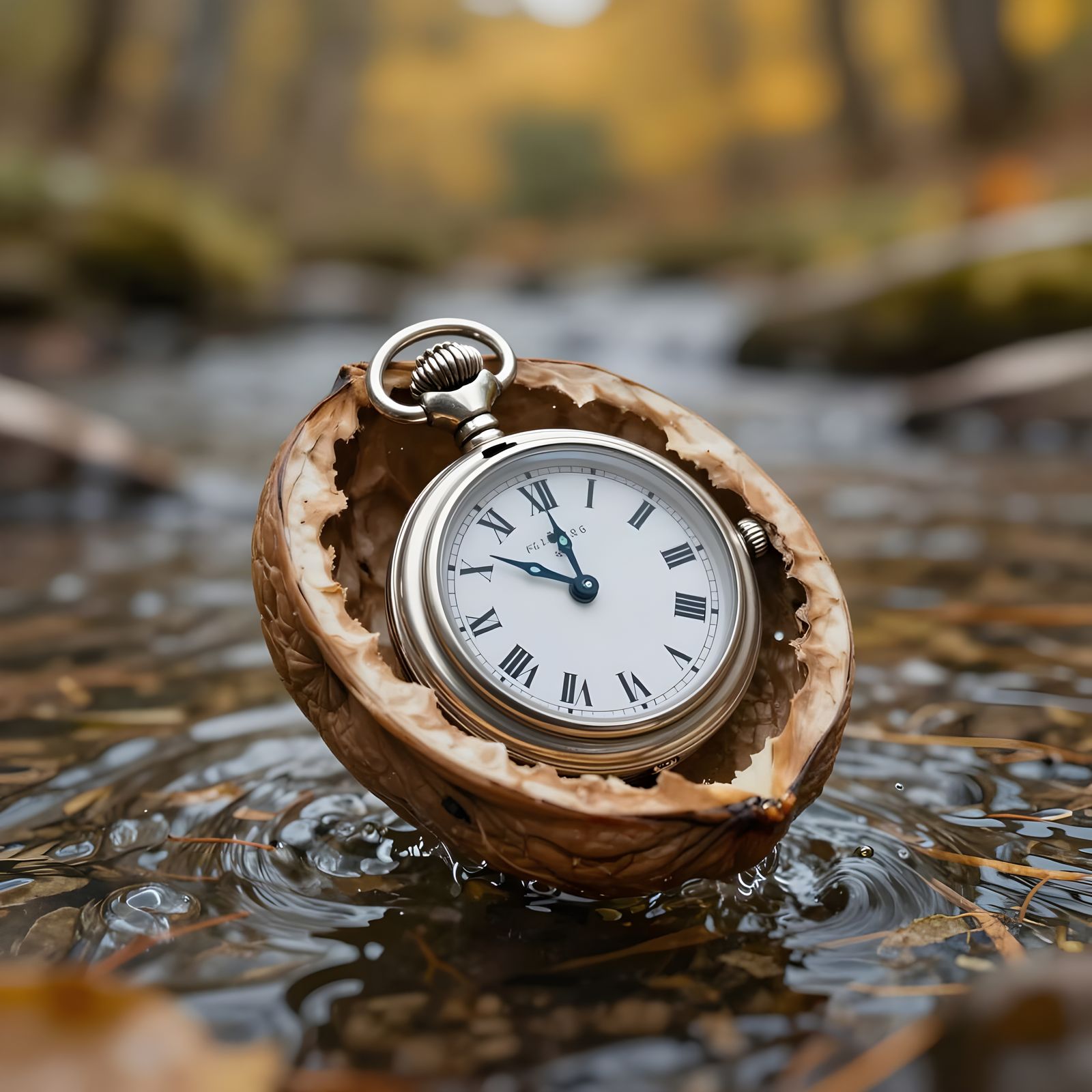Walnut Shell Pocket Watch Floating Down Autumn Stream