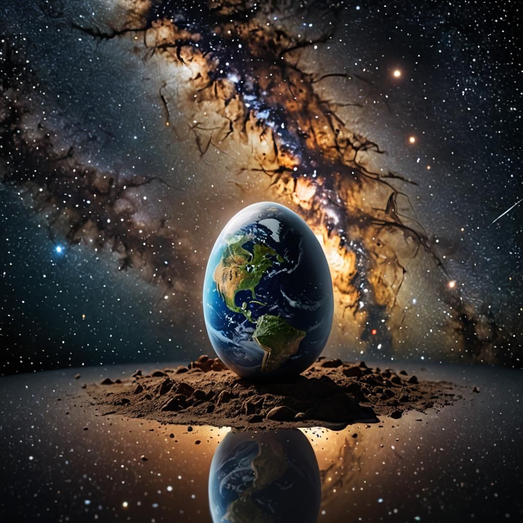 Planet Earth in Egg Against Milky Way: Photorealism