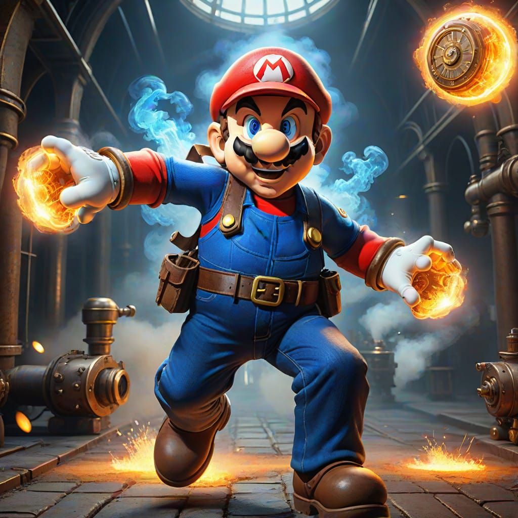 Steampunk Super Mario in Fiery Action