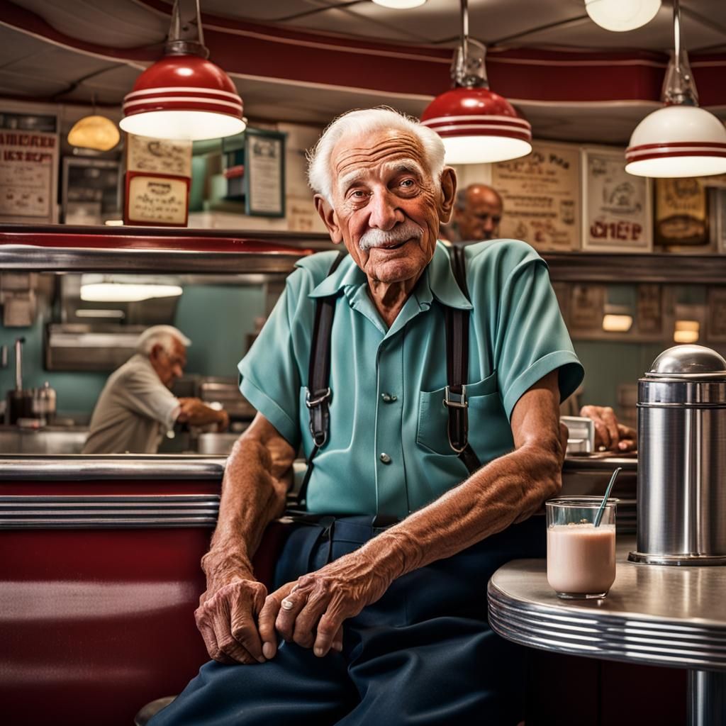 Nostalgic Diner Scene: Old Man's Fond Memories