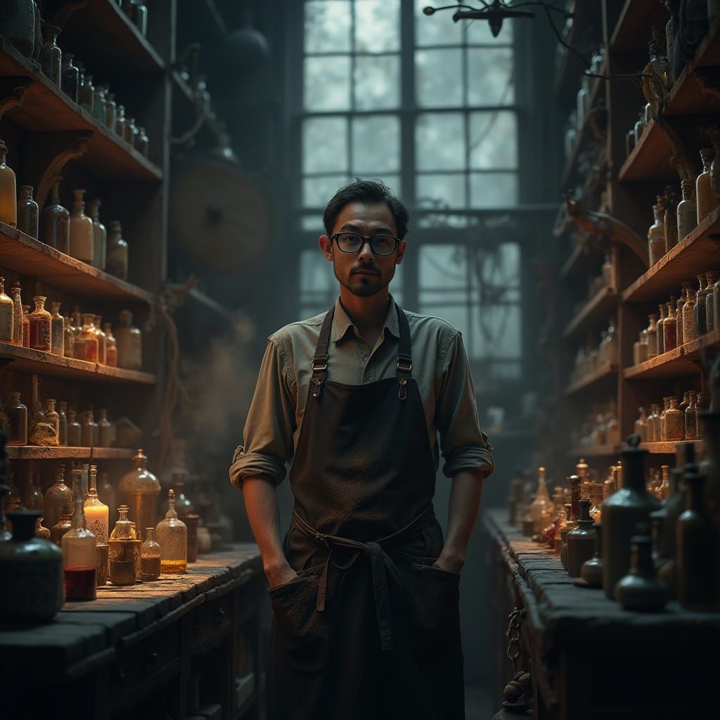 Magic Shop Owner Amidst Enchanted Artifacts