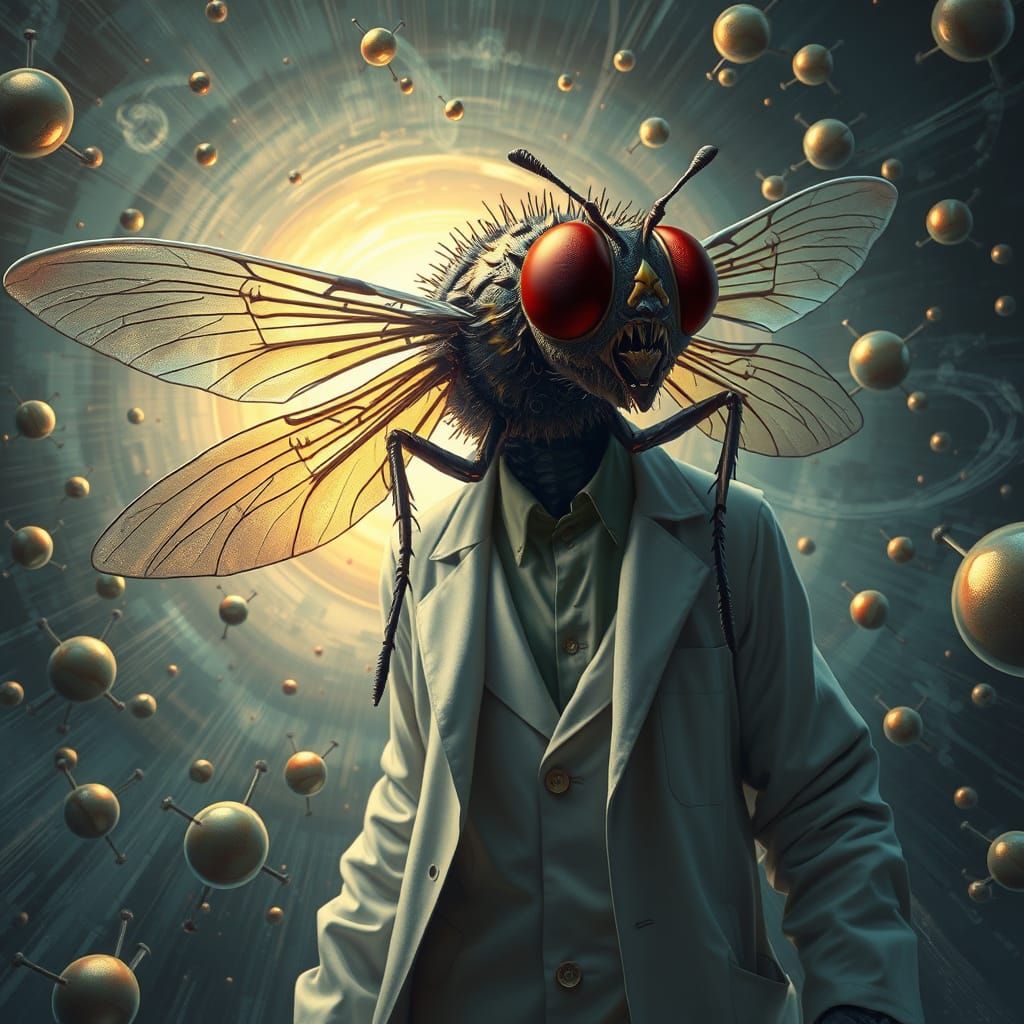 Grotesque Scientist-Fly Hybrid in Dark Fantasy Style