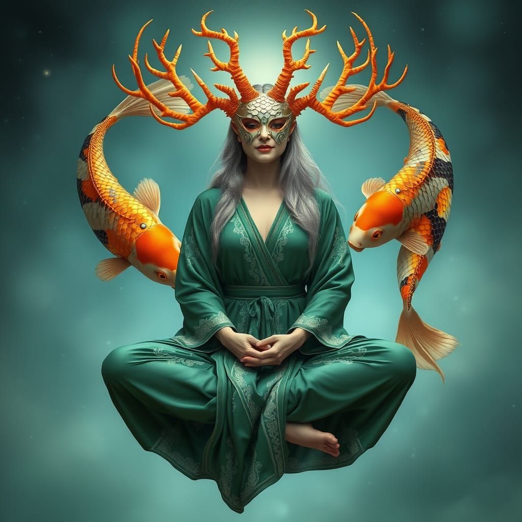 Ethereal Goddess in Emerald Robe with Majestic Koi and Antle...