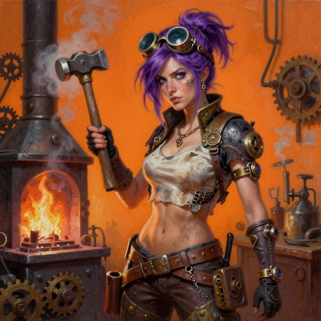 Steampunk Woman with Hammer in Smoky Forge