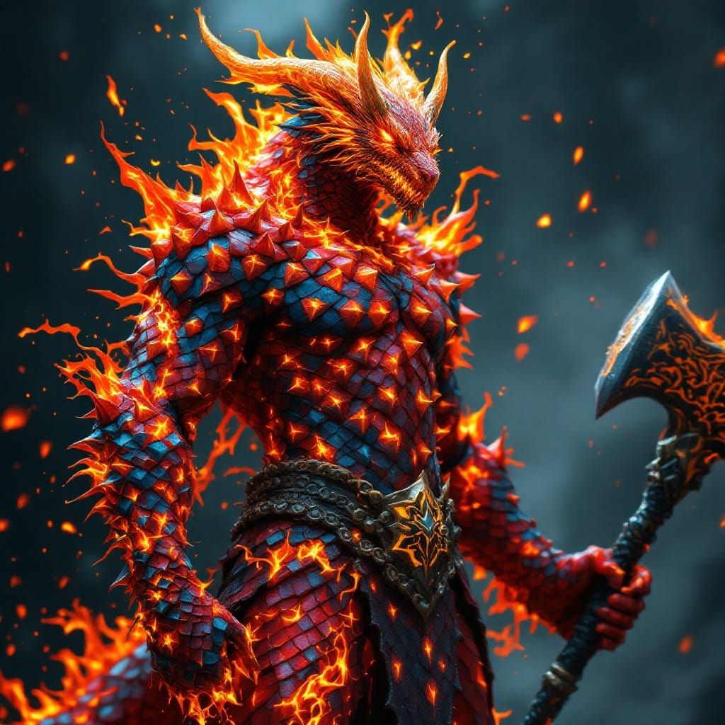 Majestic Fire Salamander Beast Man with Serpent Head and Jag...