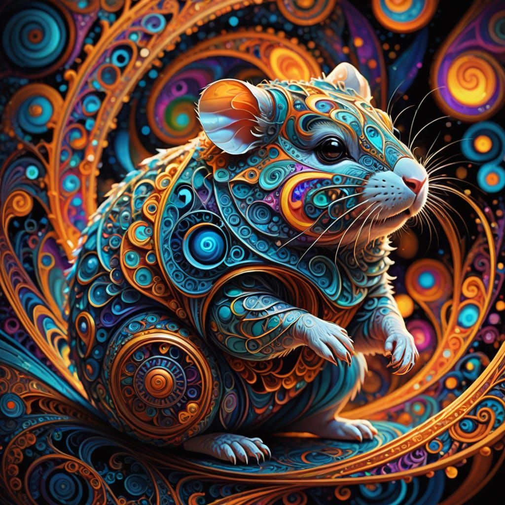 Psychedelic Hamster in Swirling Fractal Patterns