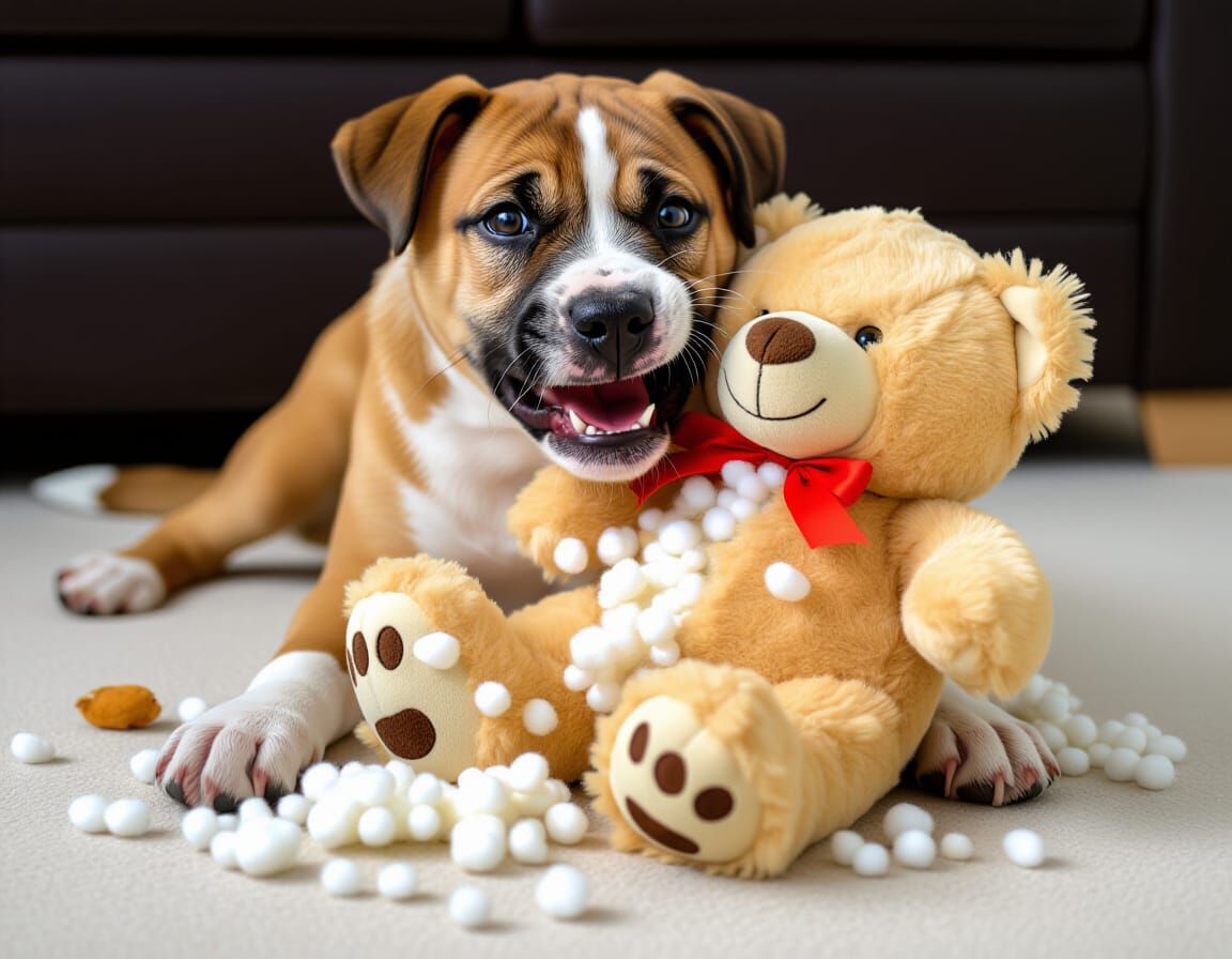 Dog Destroys Teddy Bear: A Scene of Playful Chaos