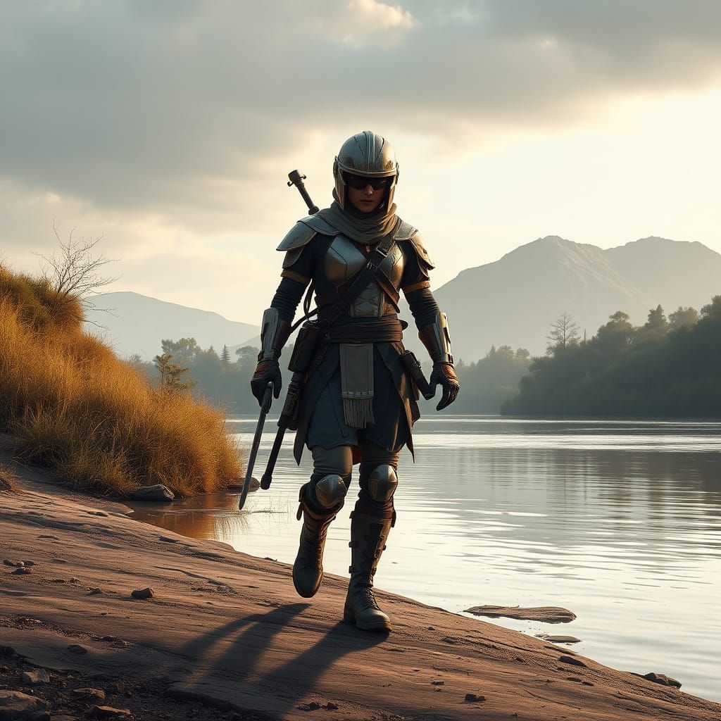 Modern Warrior Striding by River in Futuristic Style