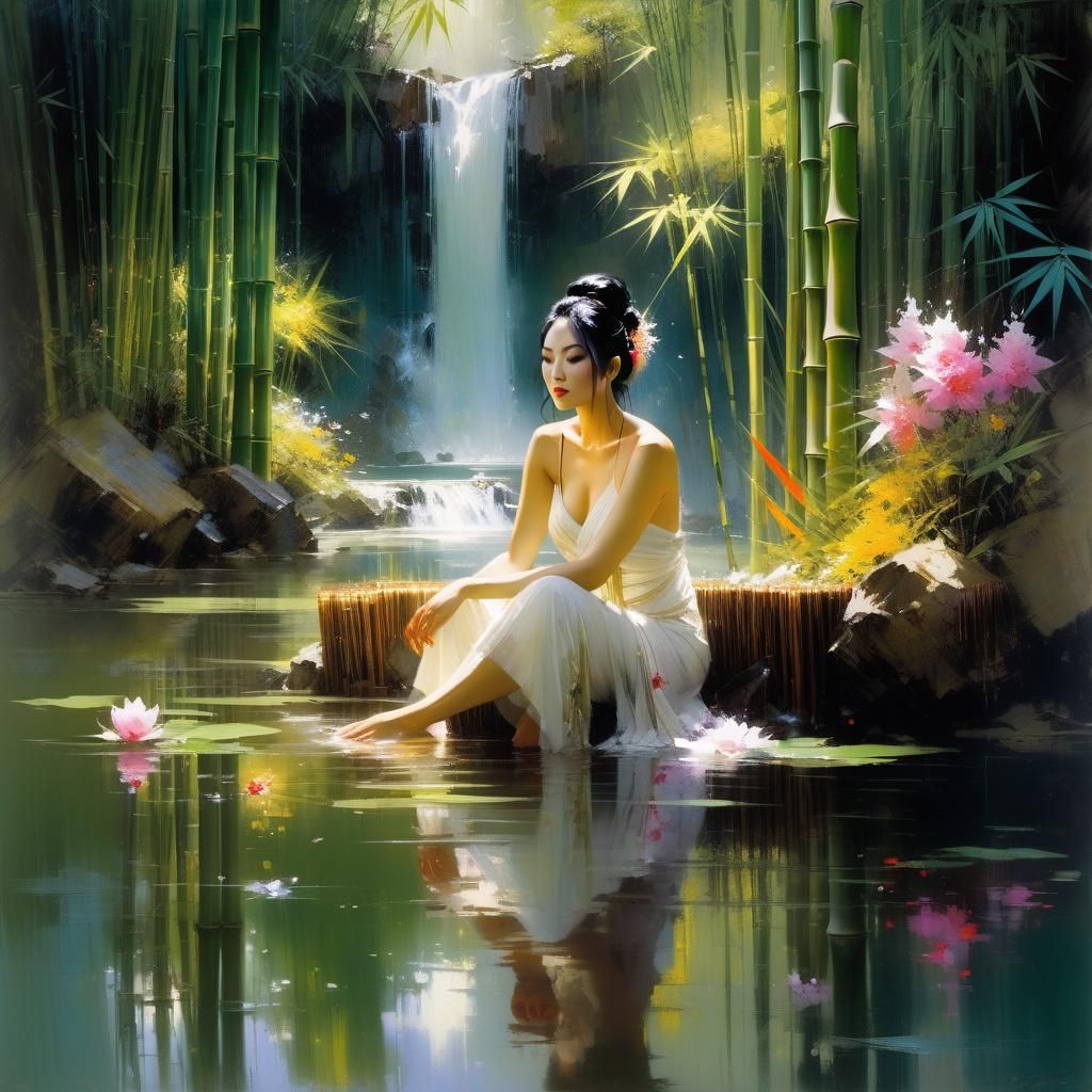 Asian Woman Bathing in Bamboo Forest Pond