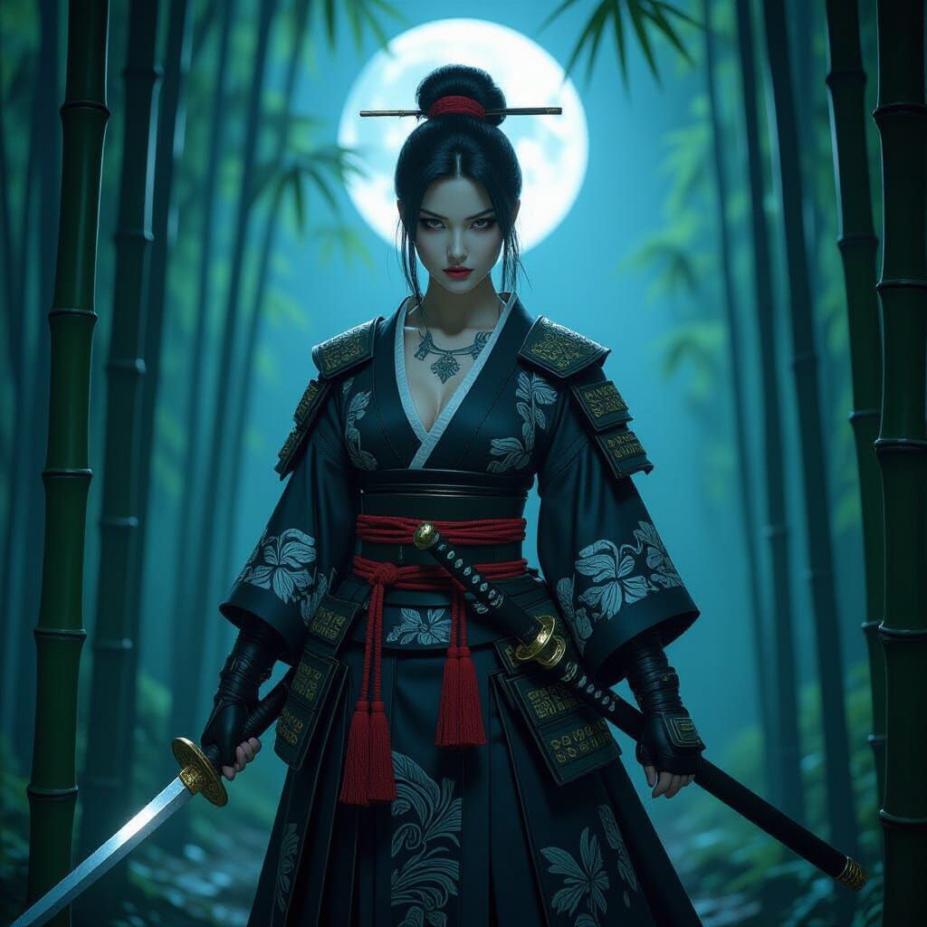 Shadow Weaver: Hyperrealistic Samurai Supervillain in Bamboo...