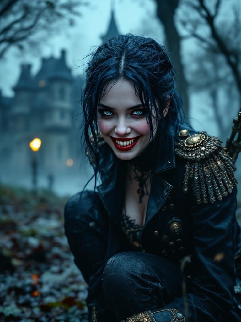 Brunette in Prussian Uniform Against Haunted Mansion