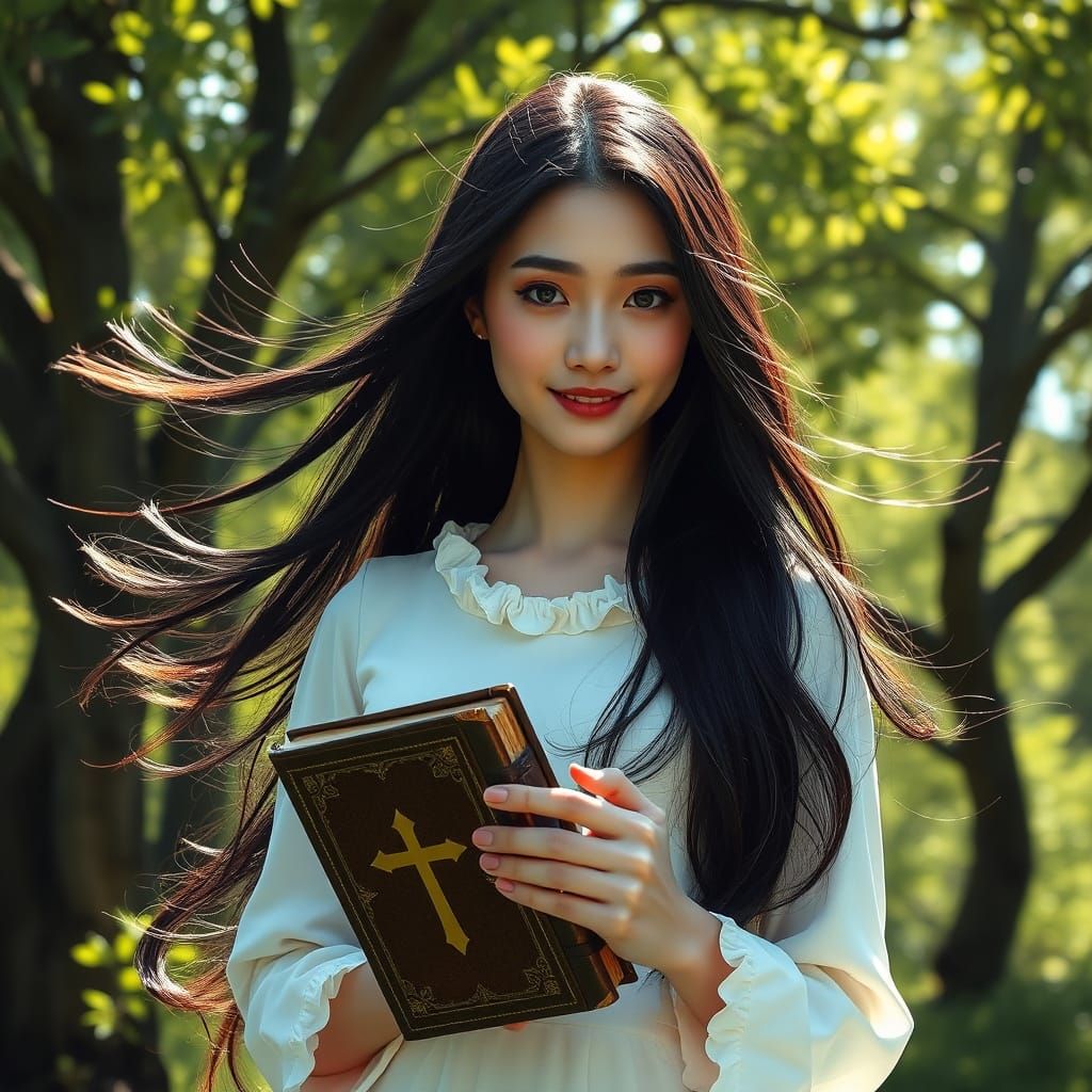 Ethereal Woman in Sunlit Glade with Book