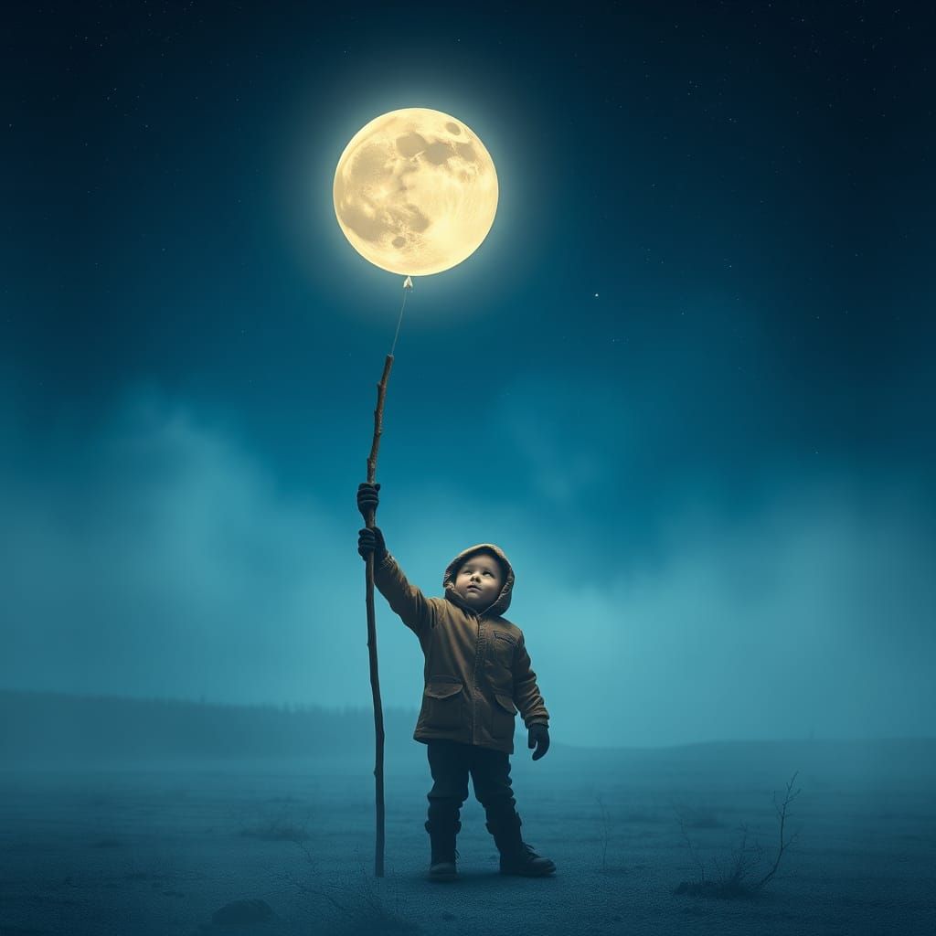 Child Holds Moon Balloon in Dreamlike Landscape