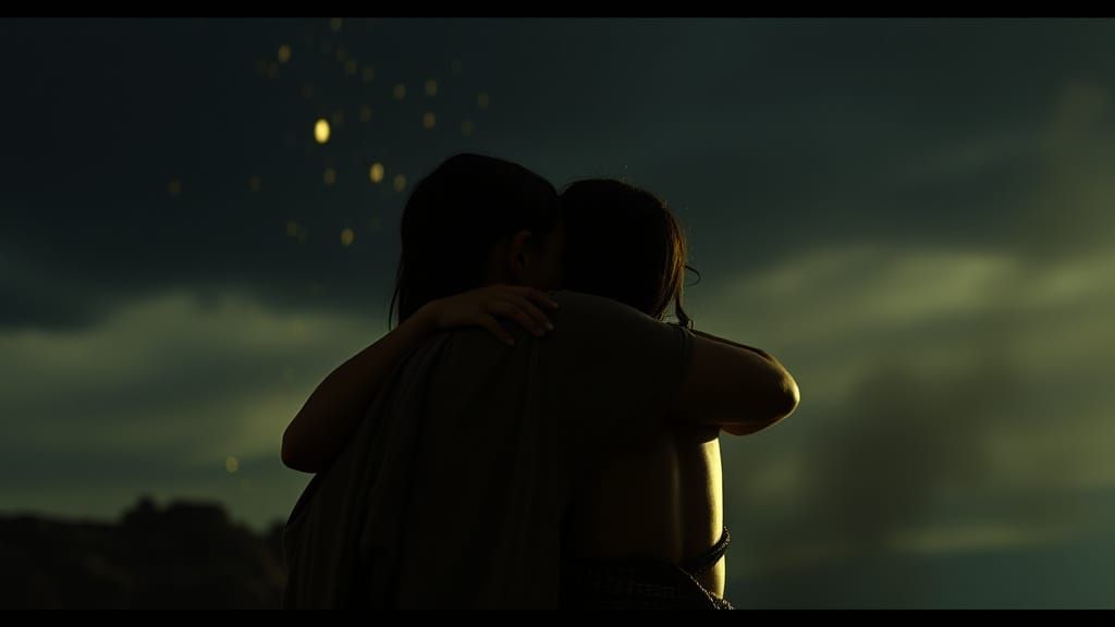 Siblings Embrace as Ash Falls: Cinematic Film Still