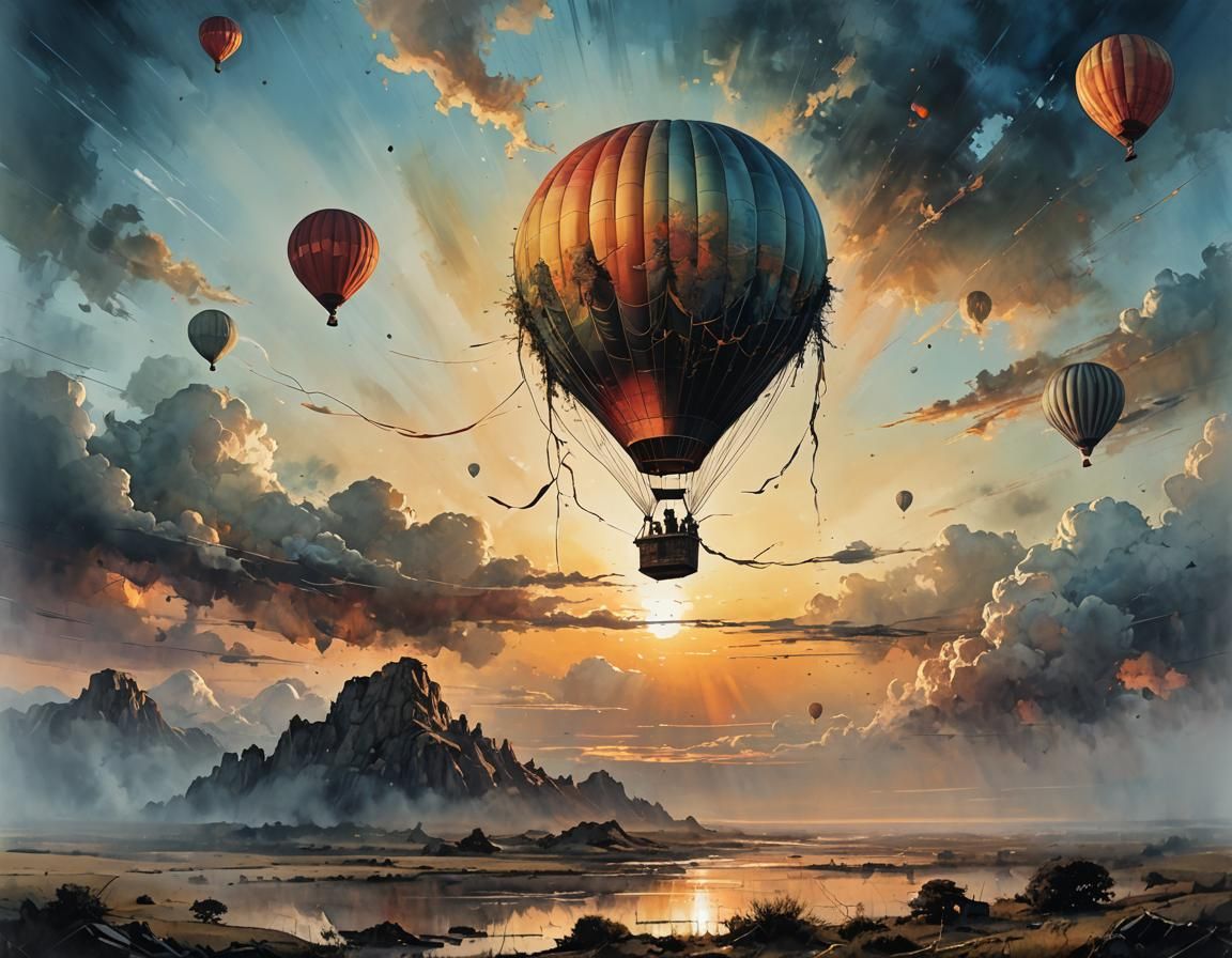 Hot Air Balloon in Sunset Sky: Digital Art