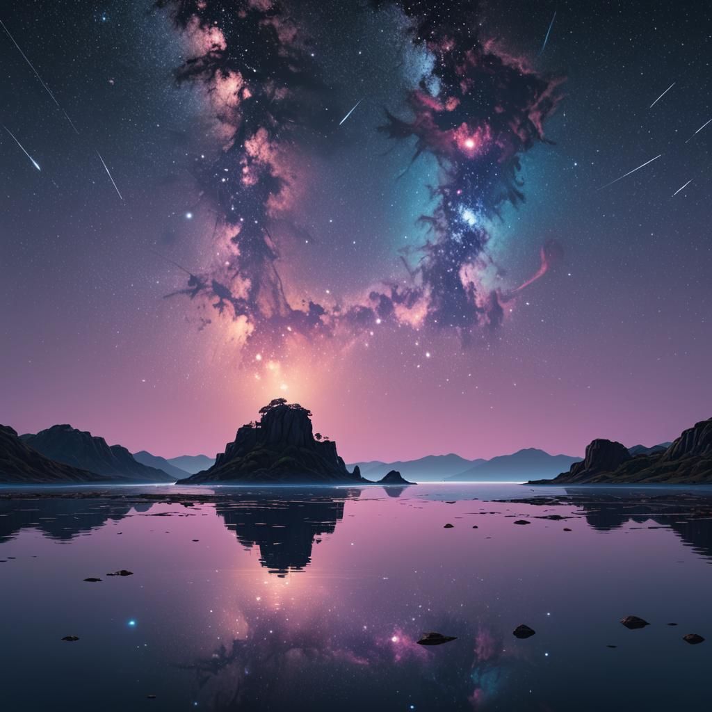 Starlit Island in Cosmic Sea, Matte Painting Style