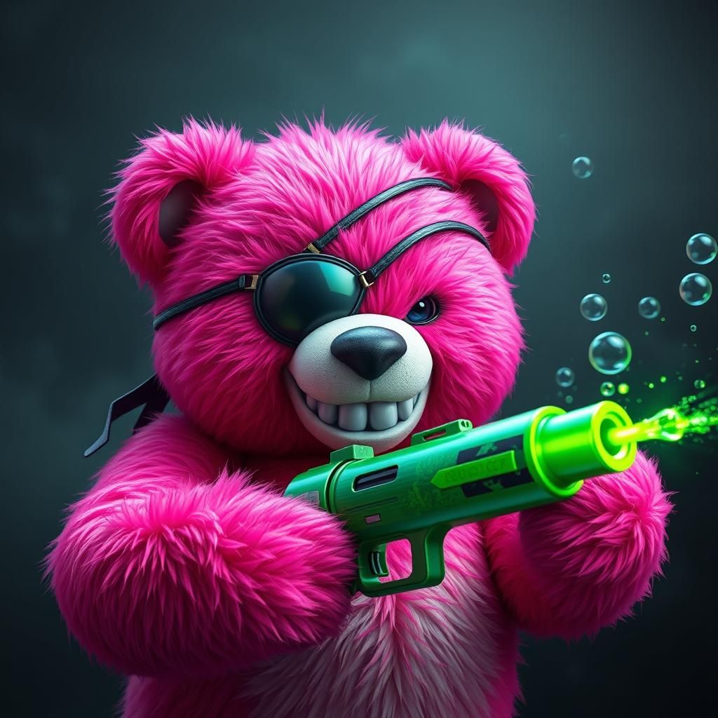 Menacing Pink Teddy Bear with Water Gun
