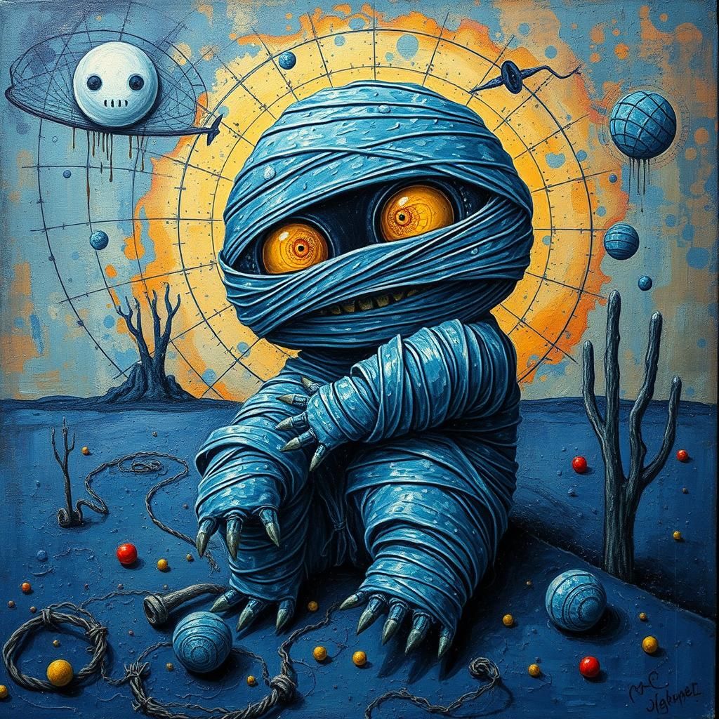 Cute Chibi Mummy in Surreal Dystopian Art Deco