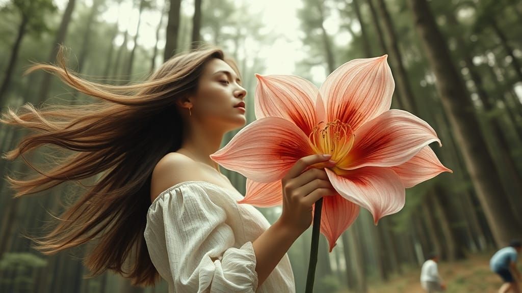 Elegant Etching of Woman with Flower in Forest