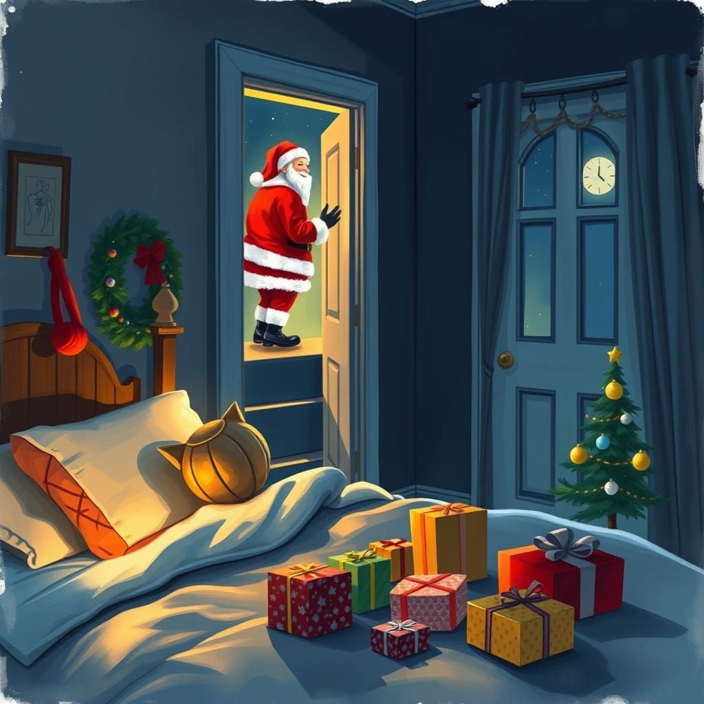 Child's Christmas Morning Surprise with Santa's Shadow