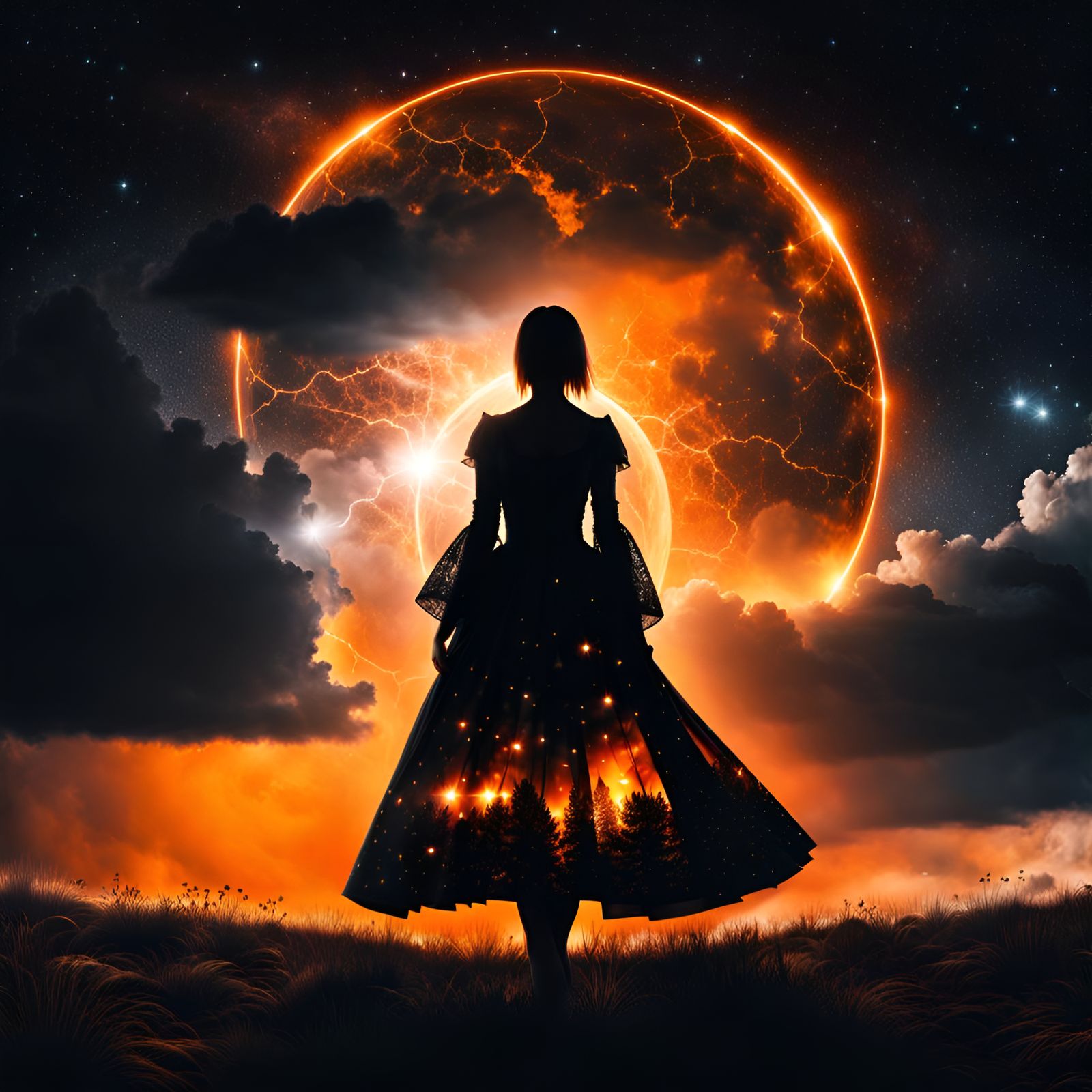 Gothic Silhouette in Cosmic Thunderstorm