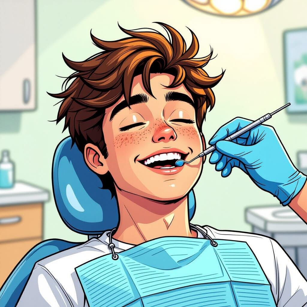 Young Man Smiles During Dental Cavity Filling in Comic Style