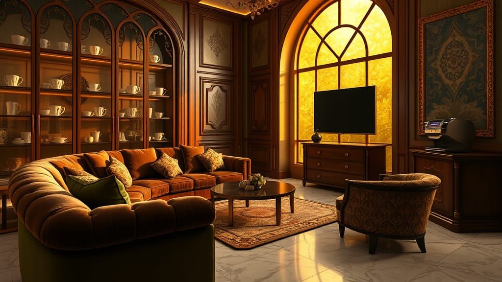 Luxurious Art Nouveau Coffee Lounge with Velvet Sofa and Gol...