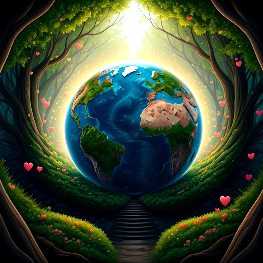 Earth Cradled in Tree with Rainbow Light