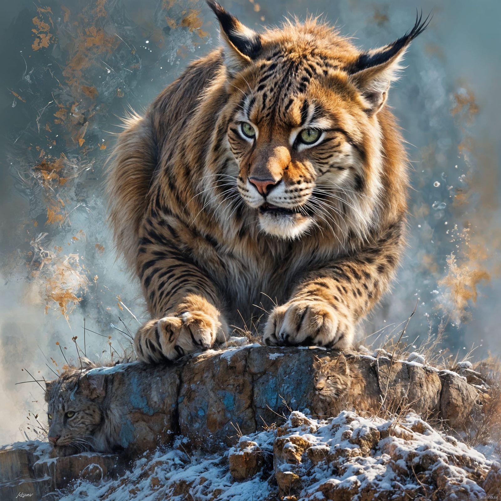 Graffiti Lynx Mid-Leap with Spray Paint Splashes