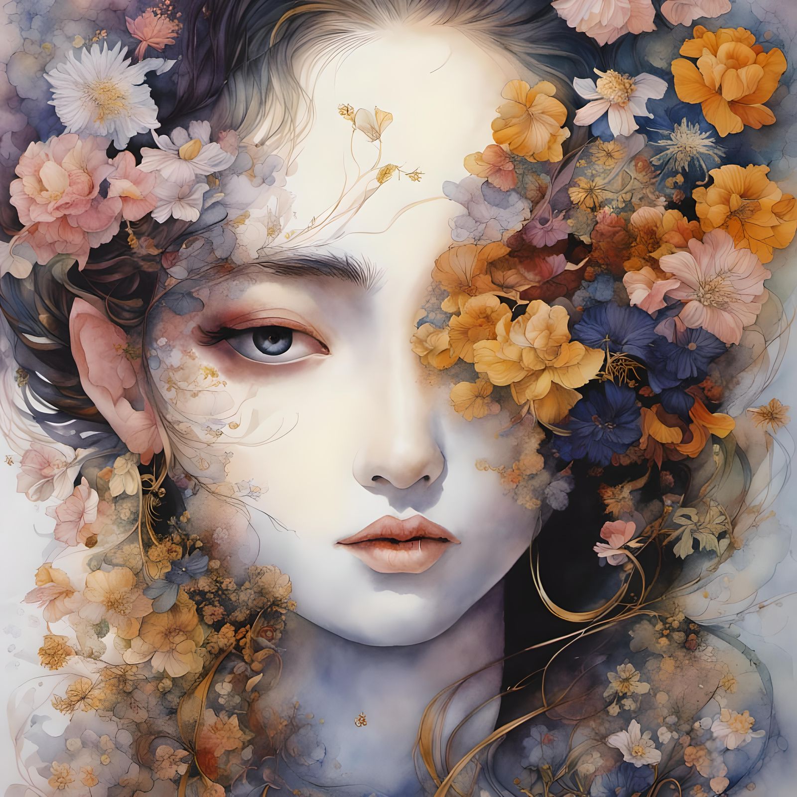 Dreamlike Watercolor Woman Surrounded by Flowers