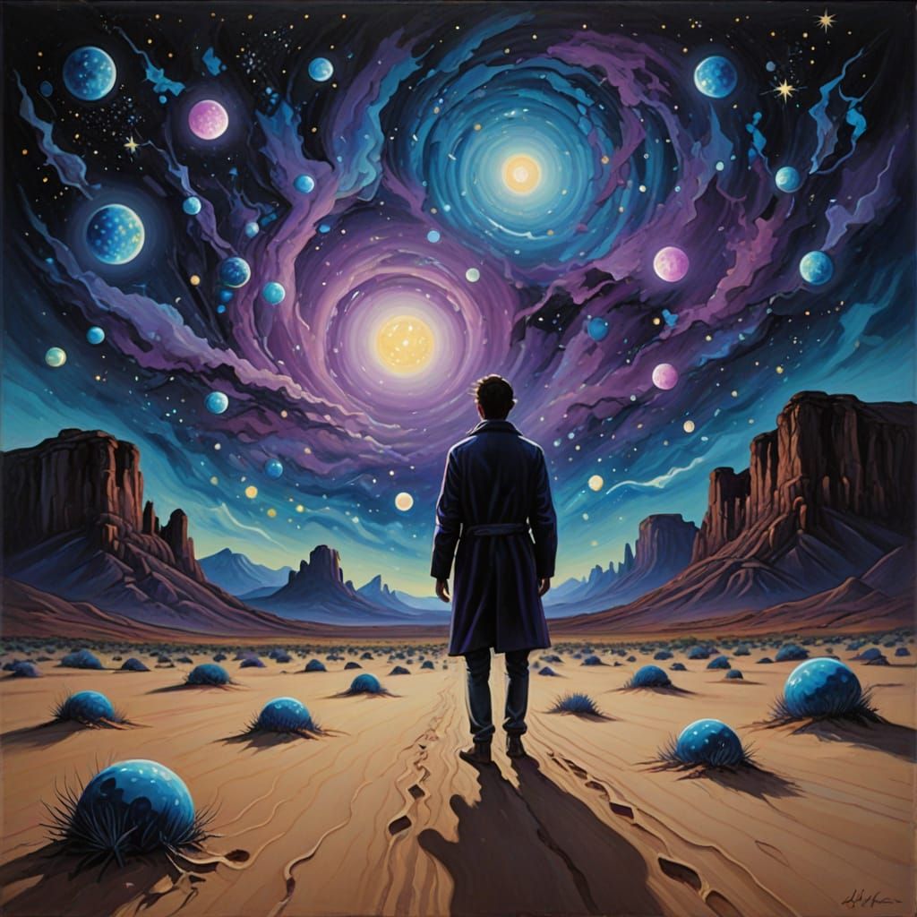 Surreal Human Merging with Glowing Orbs in Desert