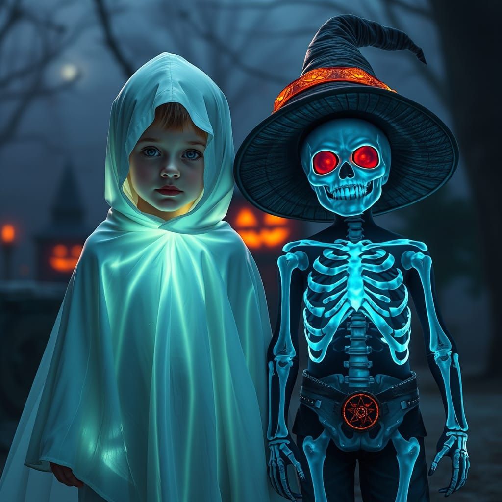 Two Children in Glowing Halloween Costumes